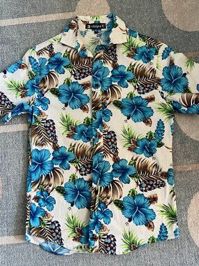Allegra K Men's Blue & White Hawaiian Button-Down Shirt